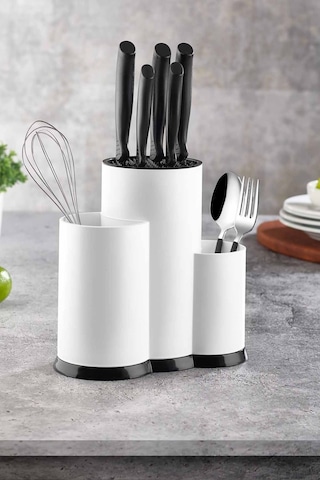 Tuffex Lüx Tezgah Üstü Bölmeli Kaşık Bıçak Standı - Kaşıklık Bıçaklık Düzenleyici Organizer - Beyaz