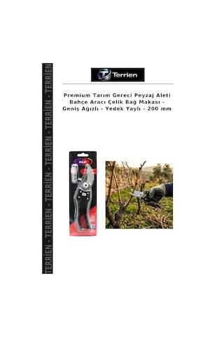 Premium Tarım Gereci Peyzaj Aleti Bahçe Aracı Çelik Bağ Makası - Geniş Ağızlı - Yedek Yaylı - 200 Mm