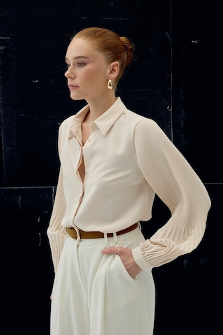 Sateen Plise Kollu Gömlek - Bej-137086 bej