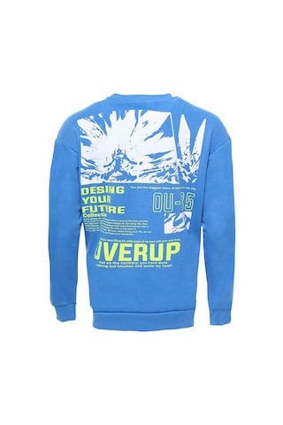 Bisiklet Yaka Ön Ve Arka Baskılı Erkek Mavi Sweatshirt - Wessi Siyah