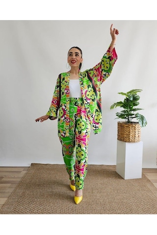 İpli Yeşil Renk Etnik Desenli Viskon Kumaş Kimono Takım Yeşil