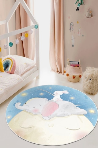 Ay Üstünde Bir Masal Tavşanlı Ve Fil Temalı Yuvarlak Kaymaz Taban Halı Mavi