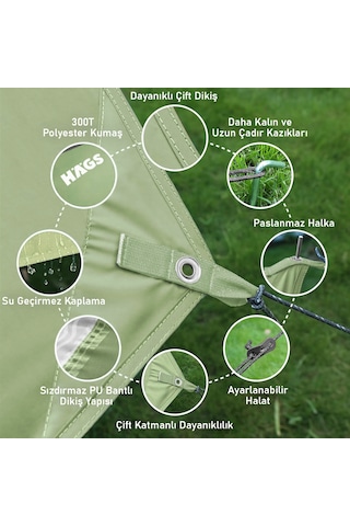 Haegs Su Geçirmez Tarp Tente Gölgelik Örtü, 4 Mevsim Taşınabilir Örtü Branda Çok İşlevli Outdoor Açık Hava Kamp Seyahat Tente Branda Barınak Yağmurluk, Güneşlik Karavan Yan Gölgelik Çadır 300x300 Cm - Yeşil