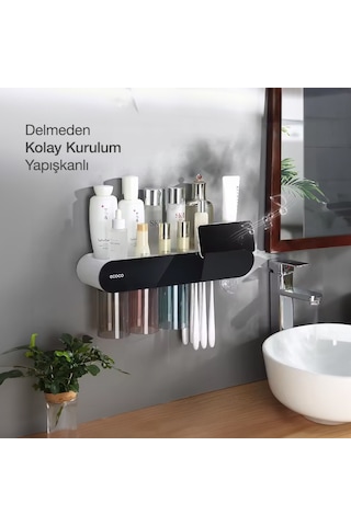 Ecoco Yapışkanlı Manyetik 3'lü Bardak Tutuculu Diş Macun Sıkacağı Siyah