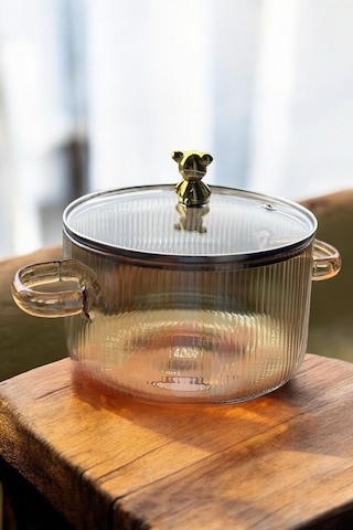 Morponi Borosilikat Cam Amber Gold Detaylı Ayıcıklı Tencere 1700 Ml Gold