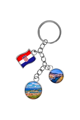 Hırvatistan Üçlü Epoksi Metal Çift Taraflı Damla Anahtarlık Croatia Gümüş