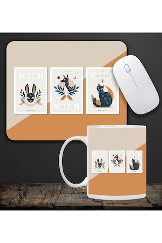 Baskılı Kupa & Bej Ve Turuncu Renk Geyik Ve Kedi Motifli Mouse Pad 23x19cm Fare Altlığı Kaydırmaz Ta Mousepad