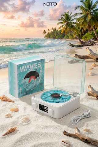 Waves Nostalji Plak Çalar Bluetooth Subwoofer 3d Ses Dalgası Retro Müzik Plak Çalar Mavi