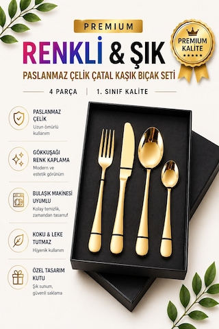Premium Paslanmaz Çelik Çatal, Kaşık Ve Bıçak Seti Modern Gold Renk 4 Parça