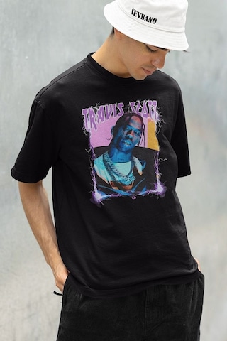Şarkıcı Travis Scott Baskılı Unisex Oversize Rapper Tişört Siyah