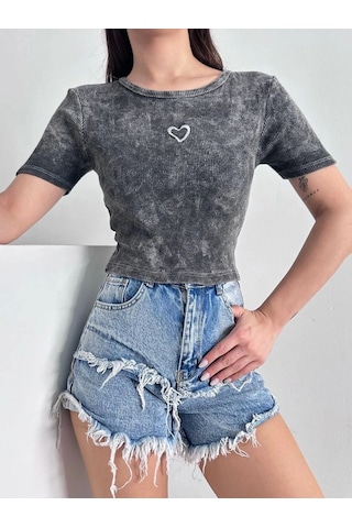 Defymoda Kalp Nakışlı Asit Yıkamalı Bluz S3479 Antrasit