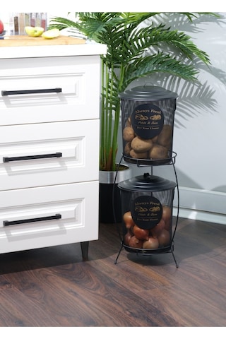 Bayev Fileli 2 Katlı Siyah Patates Soğan Kovası Sepeti Kabı Kutusu Ekonomik Boy Kapaklı