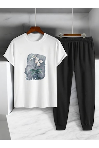 Uyguntarz Unisex Saksı Tasarım Basklı Tshirt Eşofman Takımı Beyaz