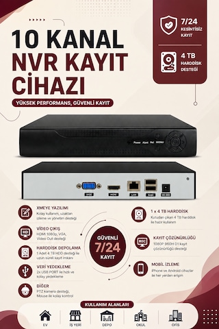 10 Kanal Nvr İp Kayıt Cihazı Xmeye Yazılım