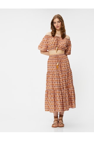 Koton Crop Bluz Etnik Baskılı Lastik Detaylı Kahverengi Desenli 3sak60175ew