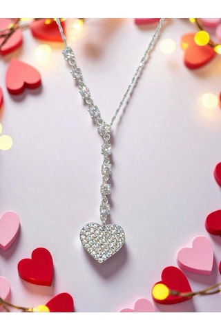 Tamamen Taşlı Kalpli 925 Ayar Gümüş Y Kolye Göz Alıcı Ve Işıltılı Tasarım Gümüş