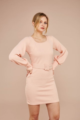 Zafir Butik Pembe Yaka Kemerli Elbise Pembe Pembe
