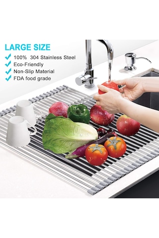 Yaleker Katlanabilir Paslanmaz Çelik Ve Silikon Kurutma Rafı - Mutfak Eşyaları Ve Sebzeler İçin Çok Amaçlı Gri