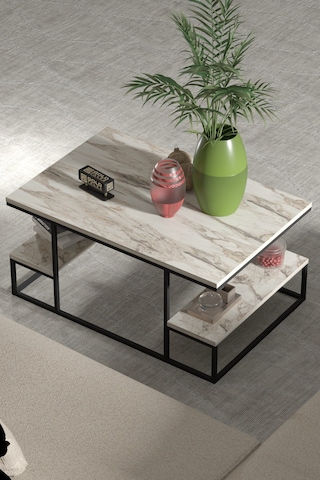 Reyo Falez Deluxe Raflı Orta Sehpa 60x90 Cm Modern Dikdörtgen Orta Sehpa Mermer Desen