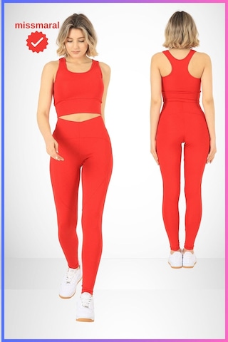 Missmaral Slim Fit Tayt Yüksek Bel Toparlayıcı Kırmızı Spor Model Flatlock Dikiş Detaylı Oslo 1090 Kırmızı