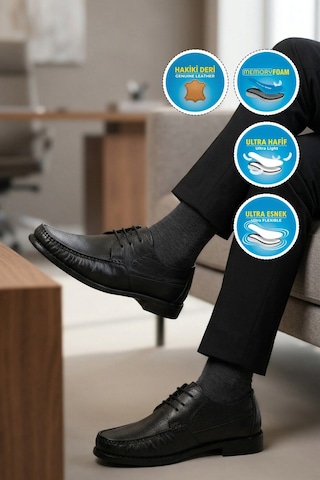 Voyager Erkek Siyah Hakiki Deri Delikli Nefes Alan Rahat Taban Bağcıklı Casual Ayakkabı Sensitive 3606-1 M