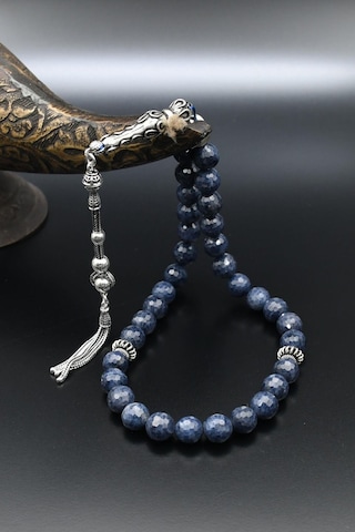925 Ayar Gümüş Tesbih 33'lük Doğal Safir Taşlı 8 Mm Küre Kesim 901357 Gümüş