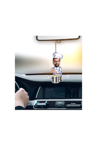 Kişiye Özel Bay Aşçı Karikatürlü Ahşap Araba Dikiz Ayna Süsü