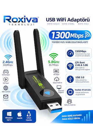 1300 Mbps Usb Wifi Adaptörü Çift Bant 2.4ghz & 5ghz Usb 3.0 Realtek Rtl8812bu Kablosuz Ağ Alıcısı
