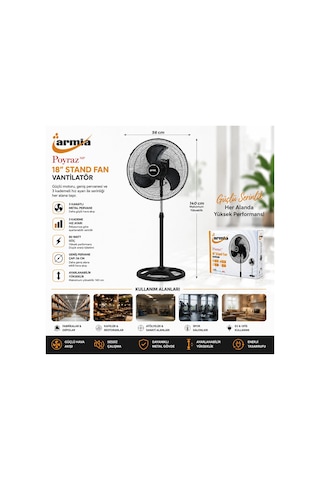 18 İnç Sanayi Vantilatör 3 Metal Kanat: Çap:56cm - Y: 140cm - 3 Kademe Hız 80w 5468