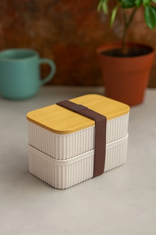 Makri Home Bambu Kapaklı 2'li Saklama Kabı Seti 0,5+0,5 Litre Üst Üste Konabilir 15x9x10 Cm Krem