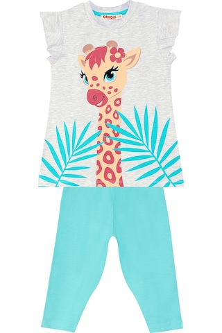 Denokids Süslü Zürafa Kız Çocuk T-shirt Tayt Takım Renkli Beyaz - Turkuaz