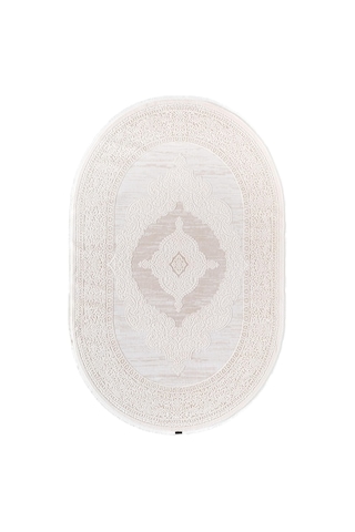Truva 8342 Oval Krem Halı Bej Kalın Akrilik Tozuaz Modern Klasik Oval Salon Halısı Koridor-1069 Krem