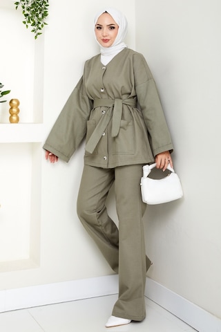 Bestenur Kemerli Ceket Pantolon Gabardin Takım 1557 - Mint Mint Yeşili