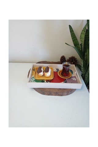 El Boyaması Desenli Ahşap Dikdörtgen Model Çay , Kahve , Söz Nişan Dekoratif Servis Sunum Tepsisi Çok Renkli