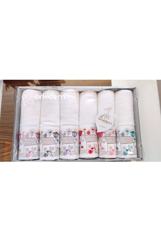 6.lı Set Annem 50x90 Cm. Özel Tafting Nakışlı Kadife Doku Çeyizlik Lüks Havlu Seti Beyaz Beyazev Beyaz