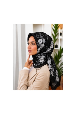 B Blueberry İtalia Floral Desenli Pamuk Eşarp Nefes Alabilen Yumuşak Doku siyah
