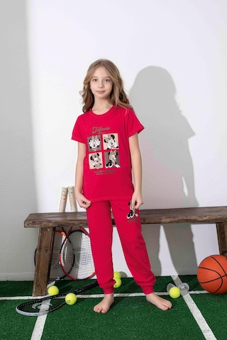 Kız Çocuk Mini Desenli Kırmızı Pijama Takımı-1309 Kırmızı