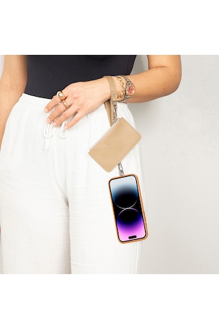 Pu Deri Telefon Askısı Ve Cüzdan Seti Çapraz Askılı Telefon Boyunluğu Kartlıklı Taşıma Aparatı Bej
