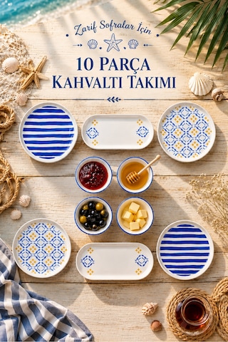 10 Parça 4 Kişilik Oceana Stoneware Kahvaltı Takımı - Özel Desenli Kahvaltılık Servis Sunum Seti Çok Renkli