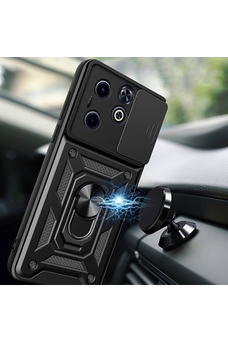Goocamp İnfinix Smart 8 Kılıf Magnetik Standlı Kamera Korumalı Sürgülü Vega Kapak - Siyah