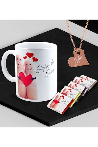 Kişiye Özel Sevgililer Temalı Kupa Madlen Çikolata Ve Rose Kalp Kolye Set - 87