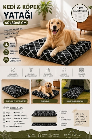 Kedi Köpek Yatağı Süngerli Fermuarlı Yıkanabilir Kılıflı Köpek Minderi 60x80x8 Cm-karaçatı