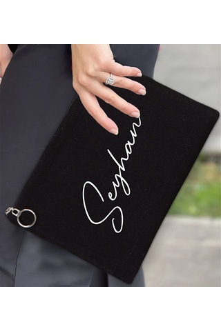 Bk Gift Kişiye Özel İsimli-6 Astarlı Siyah Portföy Çanta 30x21cm, Baskılı El Çantası, Organizer Çanta