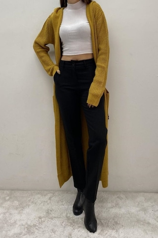 Onno Style Women Selanik Örgü Kapşonlu Uzun Ceket Hardal