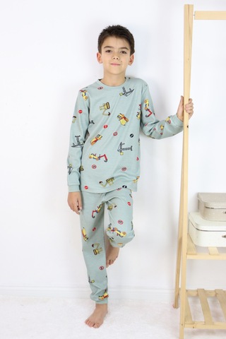 Erkek Çocuk Baskılı İnterlok Kumaş Uzun Kollu Pijama Takımı Açık Yeşil