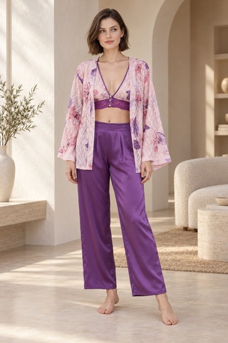 Loule Kadın Mor-pembe Çiçekli Kimonolu Saten Pijama Takımı Mor - Pembe