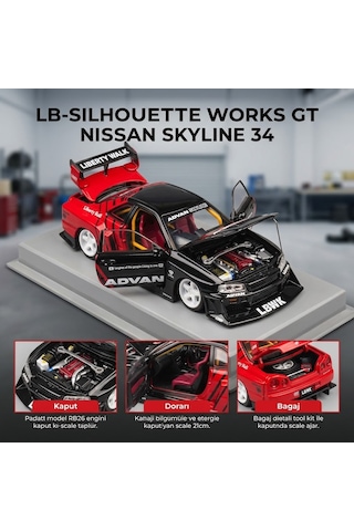 Hobbiez Lisanslı Nissan Skyline R-34 Model Diecast Car 1/24 Ölçek Metal Standlı Araç