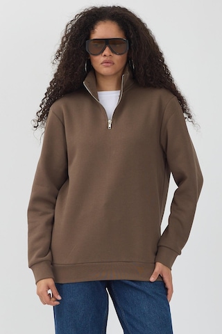 Unisex Regular Fit Rahat Kesim Pamuklu Içi Polarlı Yarım Fermuarlı Kahverengi Dik Yaka Sweatshirt Kahverengi