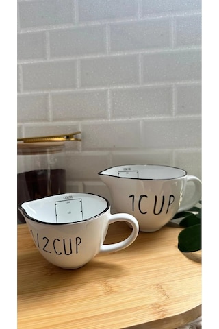 Seramik 2'li Ölçü Kabı Seti - 1 Cup 500 Ml Ve 1/2 Cup 250 Ml Kapasiteli, Beyaz