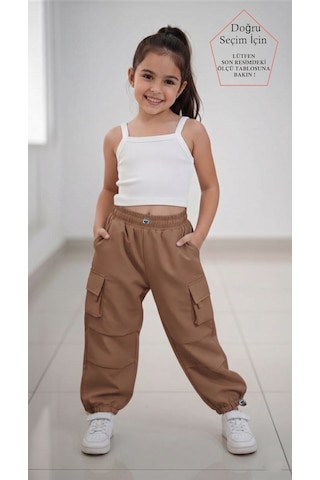 Smalltouch Kız Çocuk Paçası Ve Beli Ayarlanabilir Lastikli Paraşüt Pantolon Kahverengi